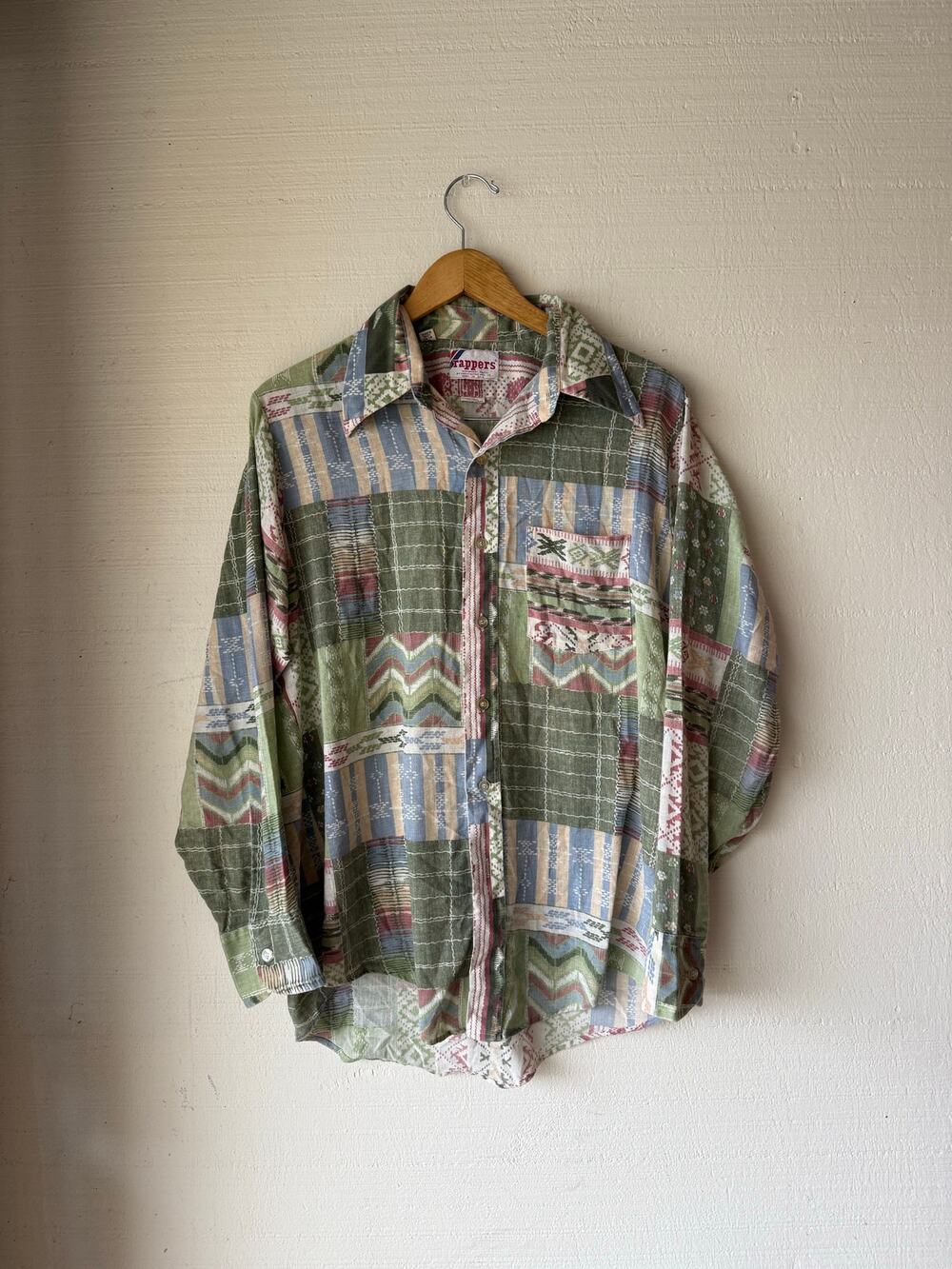 Vintage 1970s Rappers Patchwork Print Dagger Collar Button Up Shirt Size Large